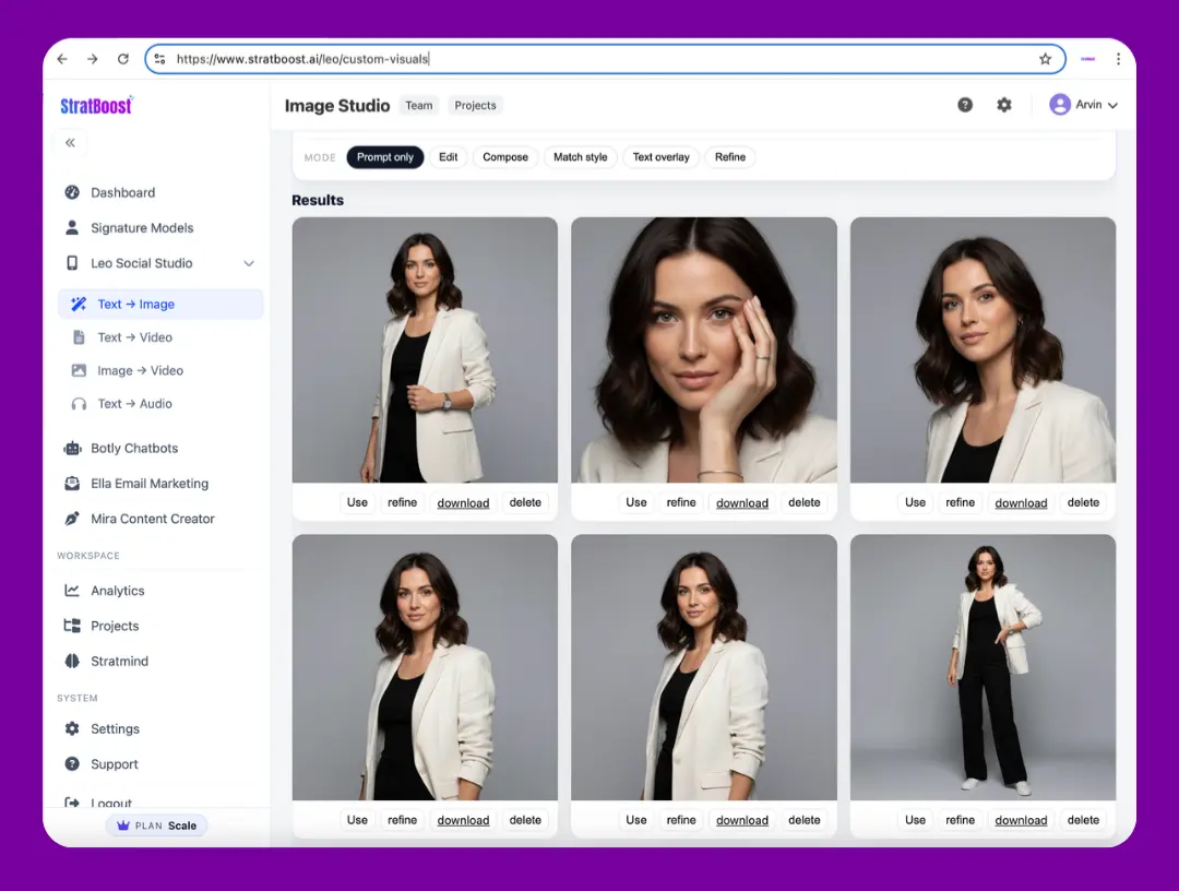 Consistent Stratboost Signature Models avatar generated with Nano Banana across branding and marketing visuals