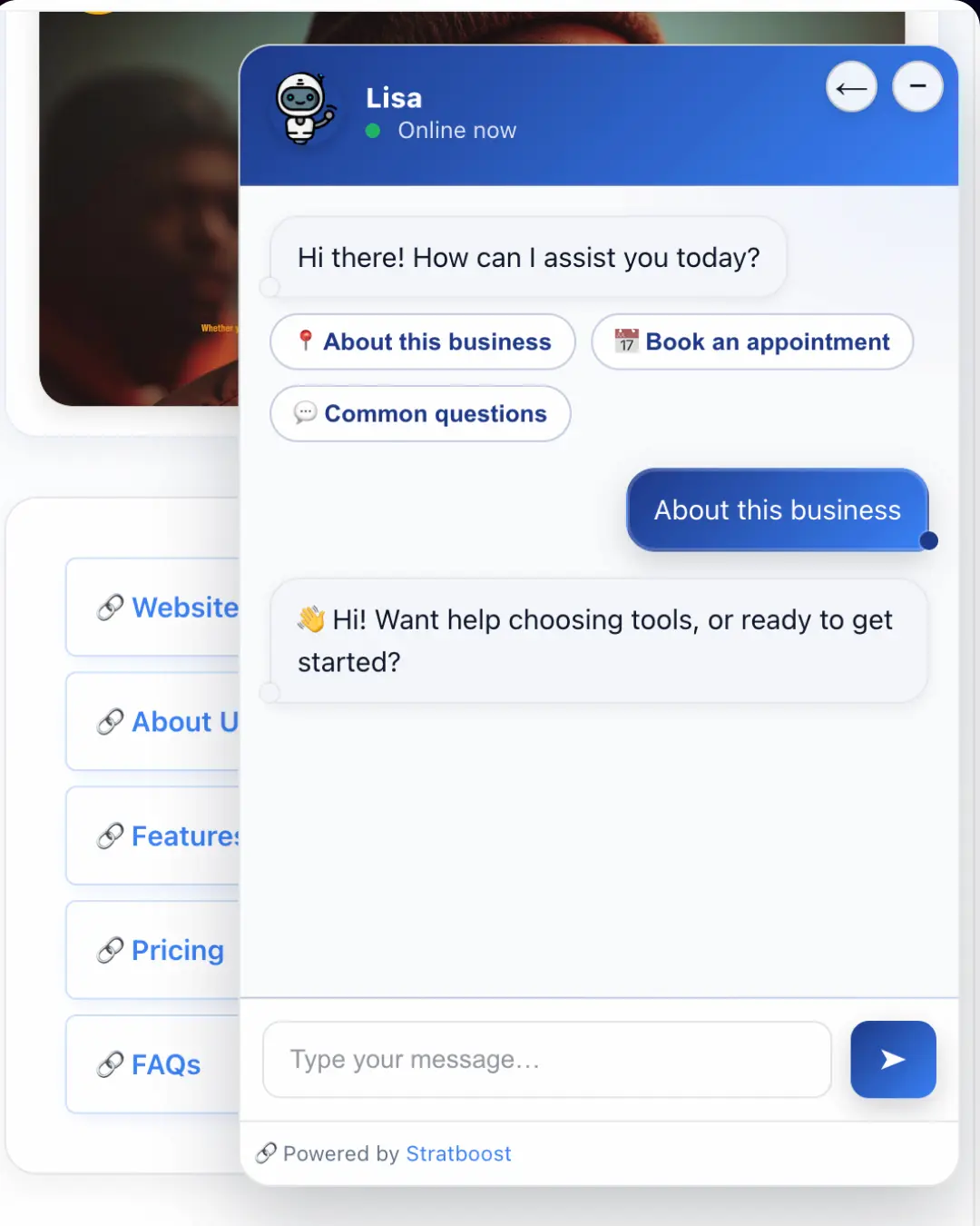 Botly Smart Tree showing a customer-facing chat widget with link buttons