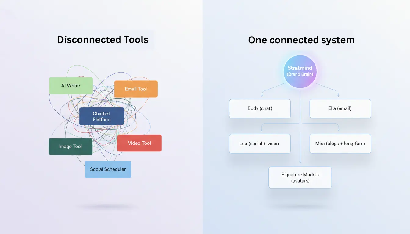 Diagram showing Stratboost replacing multiple separate content, email and chatbot tools with one shared brand brain